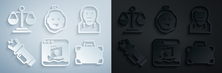 Set Internet piracy, Thief mask, Police electric shocker, Briefcase and money, Murder and Scales of justice icon. Vector