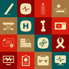 Set Heart rate, Awareness ribbon, Monitor with cardiogram, Medical thermometer, Hospital signboard, Stretcher, Surgery scalpel and Human broken bone icon. Vector