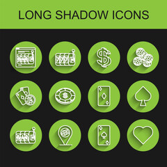 Set line Slot machine, Casino location, Online slot, Playing card with spades symbol, heart, chip dollar, and diamonds icon. Vector