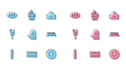 Set line French baguette bread, Brownie chocolate cake, Bread loaf, Roll bun with cinnamon, Oven glove, Electronic scales, Kitchen brush and Cupcake icon. Vector