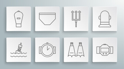 Set line Floating buoy on the sea, Swimming trunks, Diving watch, Rubber flippers for swimming, Neptune Trident, Buoy and Lift bag icon. Vector © Oksana