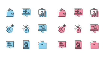 Set line Board with resume, Document graph chart, Wallet stacks paper money cash, Briefcase, Money bag, Computer monitor, Target and icon. Vector