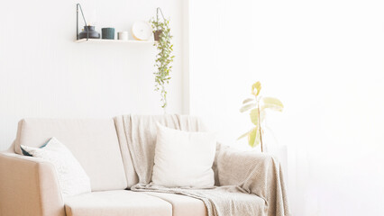 A cozy living room with a white sofa, accented by soft, neutral pillows and a textured throw. Sunlight streams through the window, illuminating the space.