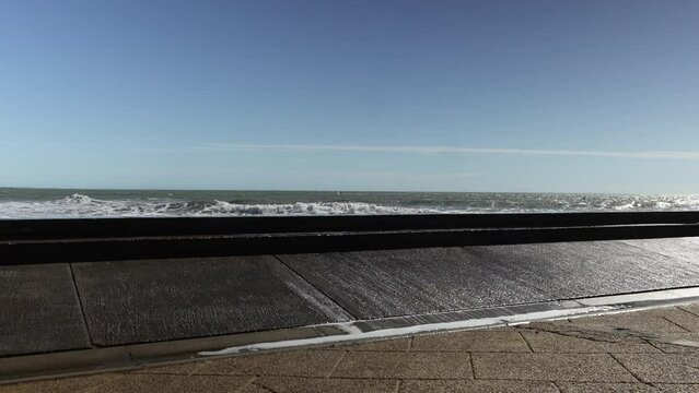 View of the sea from a stone breakwater in Grande Motte, France