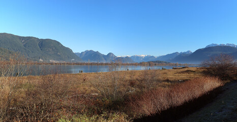 River in the valley between snow-capped mountains