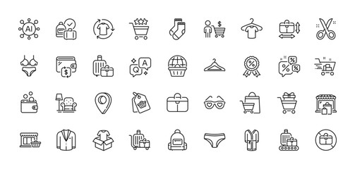 Baggage, T-shirt and Shopping cart line icons pack. AI, Question and Answer, Map pin icons. Online shopping, Lingerie, Wallet web icon. Marketplace, Clothing, Wallet money pictogram. Vector