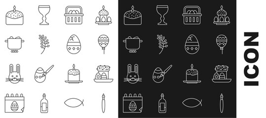 Set line Paint brush, Easter cake and eggs, Balloons with ribbon, Basket easter, Willow leaf, Egg hot pot, candle and Cracked icon. Vector