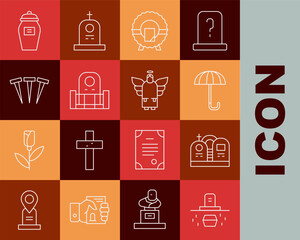 Set line Grave with coffin, tombstone, Umbrella, Memorial wreath, Metallic nails, Funeral urn and Christmas angel icon. Vector