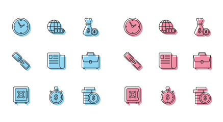 Set line Safe, Time is money, Clock, Coin with dollar symbol, File document, Briefcase, Chain link and Battery charge level indicator earth globe icon. Vector