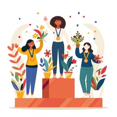 Three female winners stand on a podium, with the central champion holding a gold medal and wreath, flanked by two women with bouquets of flowers. The concept of sports competitions.