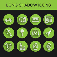 Set line Telephone handset, Lipstick, Gamepad, Soda can with straw, Wrist watch, Lollipop, Electric bass guitar and Short or pants icon. Vector