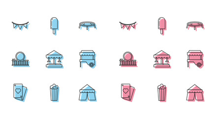 Set line Playing card, Popcorn cardboard box, Carnival garland with flags, Circus tent, Attraction carousel, Fast street food cart awning, Roller coaster and Ice cream icon. Vector