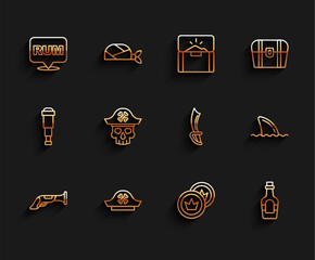 Set line Vintage pistol, Pirate hat, Alcohol drink Rum, coin, captain, Shark fin ocean wave and sword icon. Vector