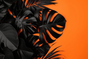 black tropical leaves on orange background