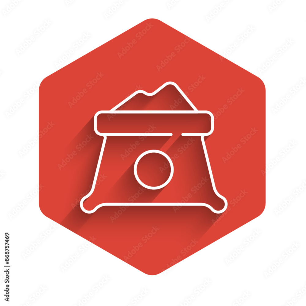 Poster white line bag of flour icon isolated with long shadow. red hexagon button. vector