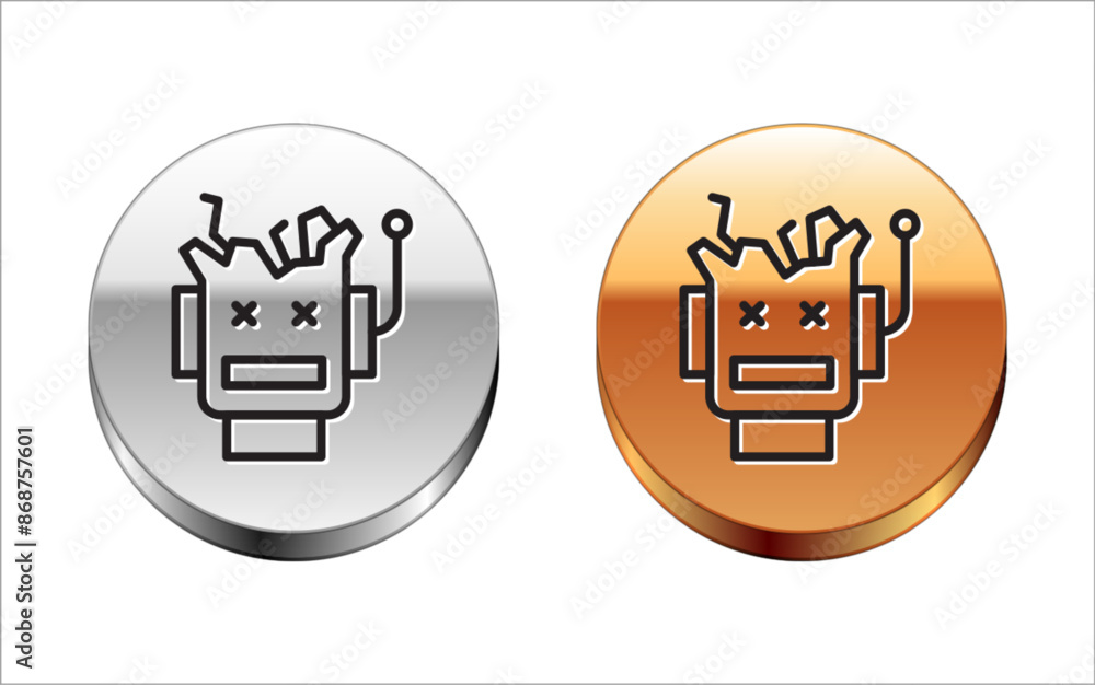 Poster black line broken robot icon isolated on white background. artificial intelligence, machine learning