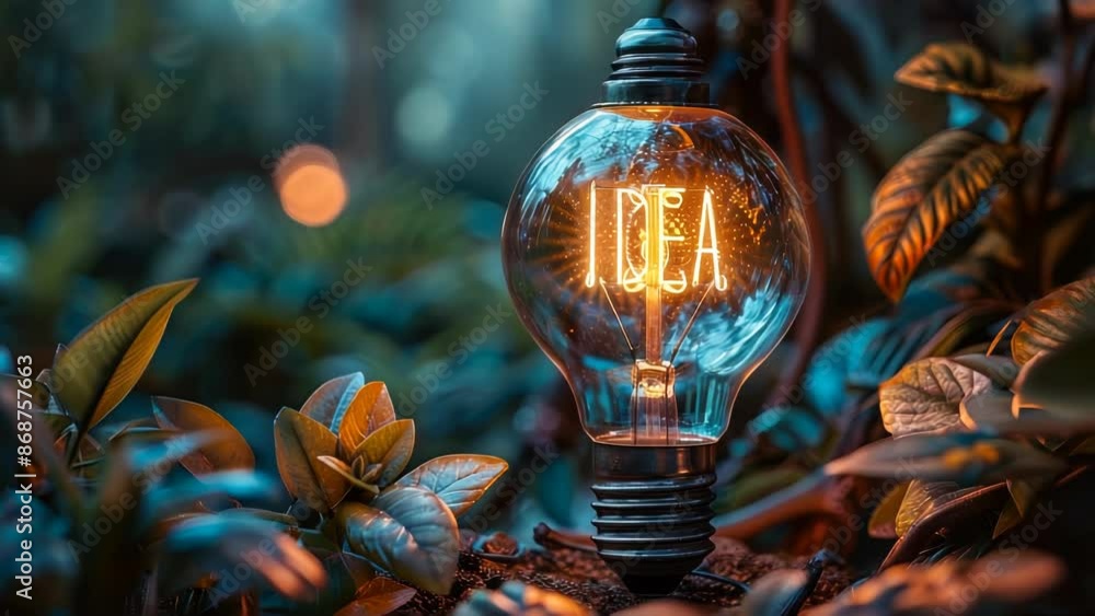 Poster glowing filament light bulb with idea inscription symbolizing creativity and innovation in a bokeh-l