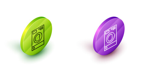 Isometric line Washer icon isolated on white background. Washing machine icon. Clothes washer - laundry machine. Home appliance symbol. Green and purple circle buttons. Vector