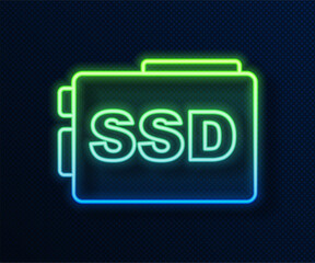 Glowing neon line SSD card icon isolated on blue background. Solid state drive sign. Storage disk symbol. Vector