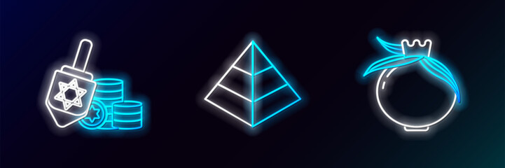 Set line Pomegranate, Hanukkah dreidel and coin and Egypt pyramids icon. Glowing neon. Vector © Oksana