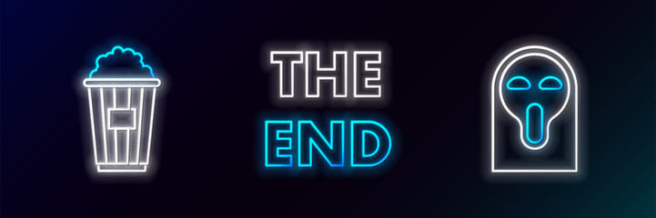 Set line Funny and scary ghost mask, Popcorn in cardboard box and The End handwritten inscription icon. Glowing neon. Vector