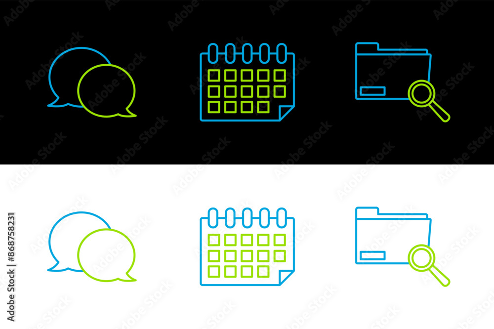 Poster set line search concept with folder, speech bubble chat and calendar icon. vector