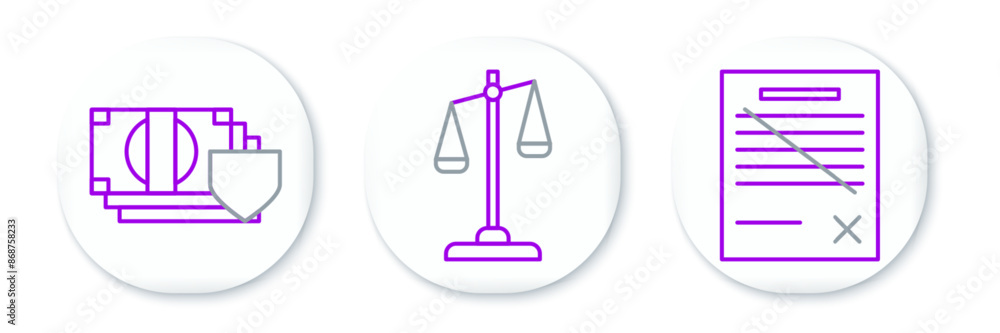 Poster set line delete file document, money with shield and scales of justice icon. vector