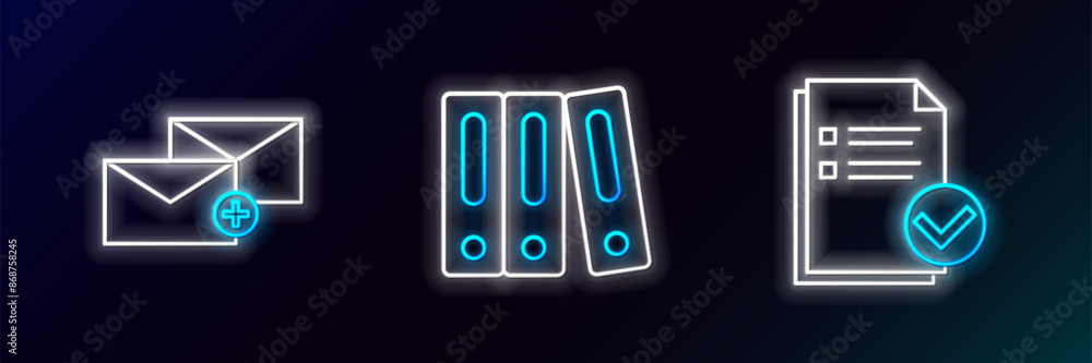 Poster set line document and check mark, envelope and office folders with papers documents icon. glowing ne