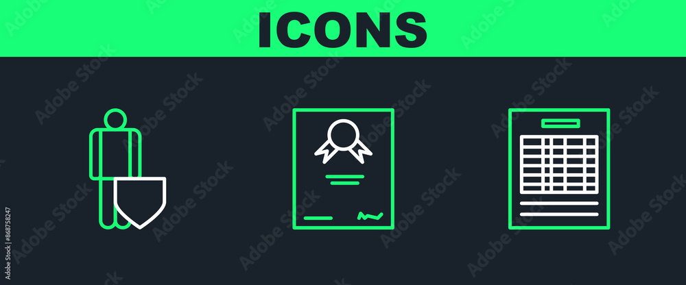 Poster set line report file document, life insurance with shield and certificate template icon. vector