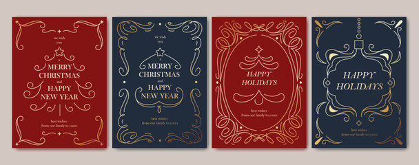 Merry Christmas card. New Year invitation design. Geometric line art style. Elegant holiday greeting card with Christmas decor, garland, gift, tree. Classical ornament, flourish. Elegant chic design.