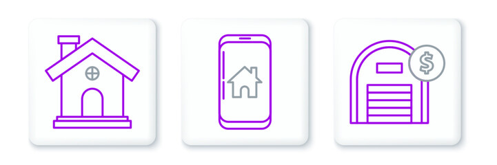 Set line Warehouse with dollar symbol, House and Mobile phone smart home icon. Vector