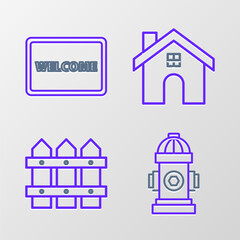 Set line Fire hydrant, Garden fence wooden, House and Doormat with the text Welcome icon. Vector