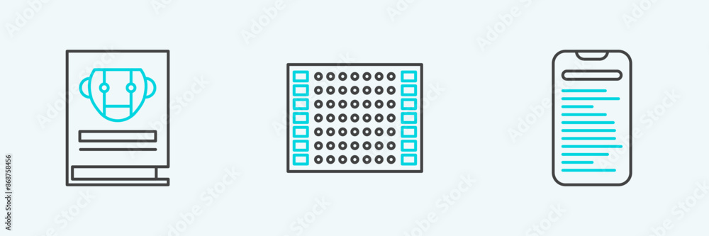 Aufkleber set line computer api interface, user manual and printed circuit board pcb icon. vector