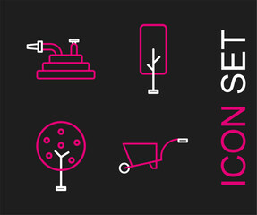 Set line Wheelbarrow, Tree, and Garden hose or fire hose icon. Vector