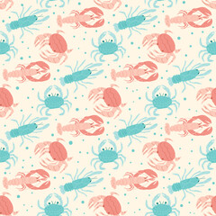 Crustaceans seamless pattern. Underwater world endless background. Lobster, crabs and crayfish. Vector hand drawn flat illustration.