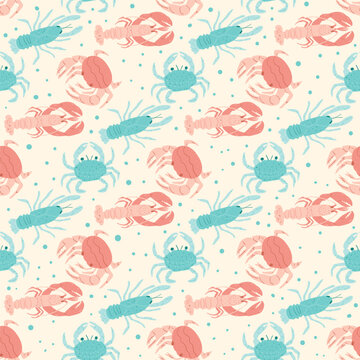 Crustaceans seamless pattern. Underwater world endless background. Lobster, crabs and crayfish. Vector hand drawn flat illustration.