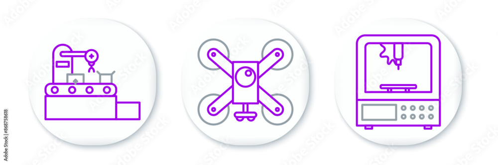 Poster set line 3d printer, factory conveyor system belt and drone flying with action camera icon. vector