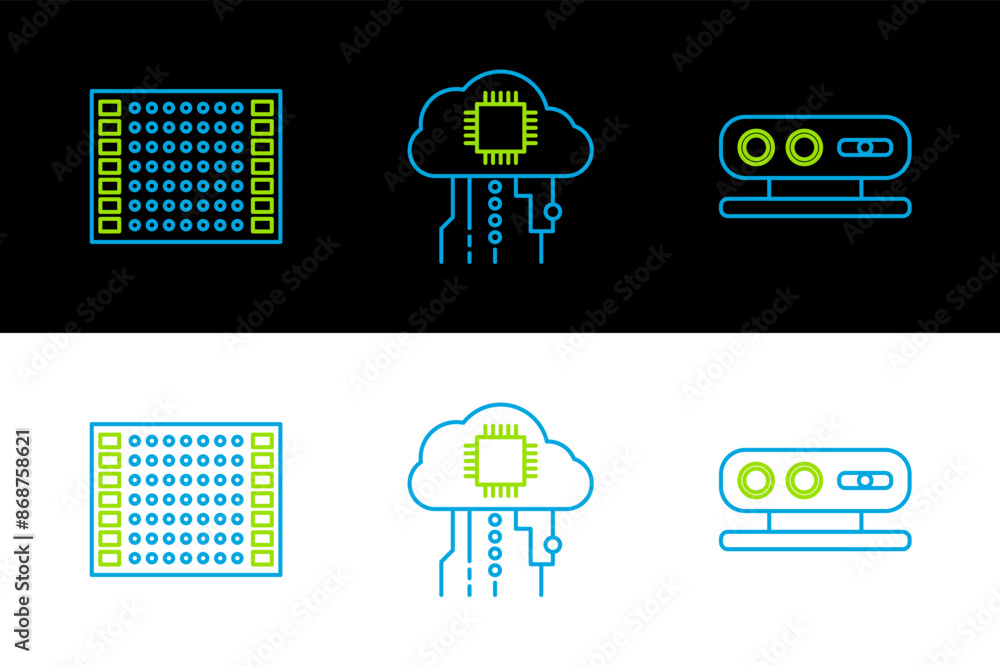 Aufkleber set line 3d scanning system, printed circuit board pcb and internet of things icon. vector