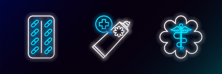 Set line Emergency star medical symbol Caduceus snake with stick, Pills in blister pack and Ointment cream tube medicine icon. Glowing neon. Vector