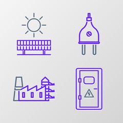 Set line Electrical cabinet, Power station plant and factory, plug and Solar energy panel sun icon. Vector