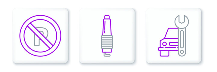 Set line Car service, No Parking or stopping and spark plug icon. Vector