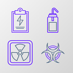 Set line Biohazard symbol, Radioactive, Laboratory wash bottle and clipboard with checklist icon. Vector