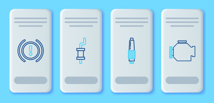 Set line Car muffler, spark plug, Brake system warning and Check engine icon. Vector