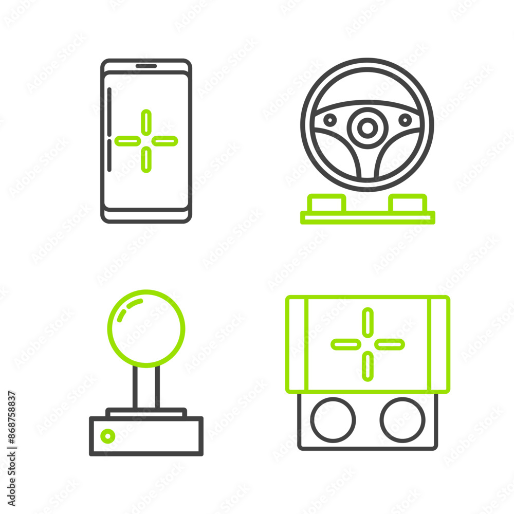 Poster set line portable video game console, joystick for arcade machine, racing simulator cockpit and smar