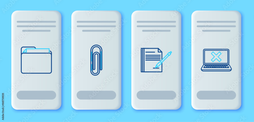 Poster set line paper clip, blank notebook and pen, document folder and laptop cross mark on screen icon. v