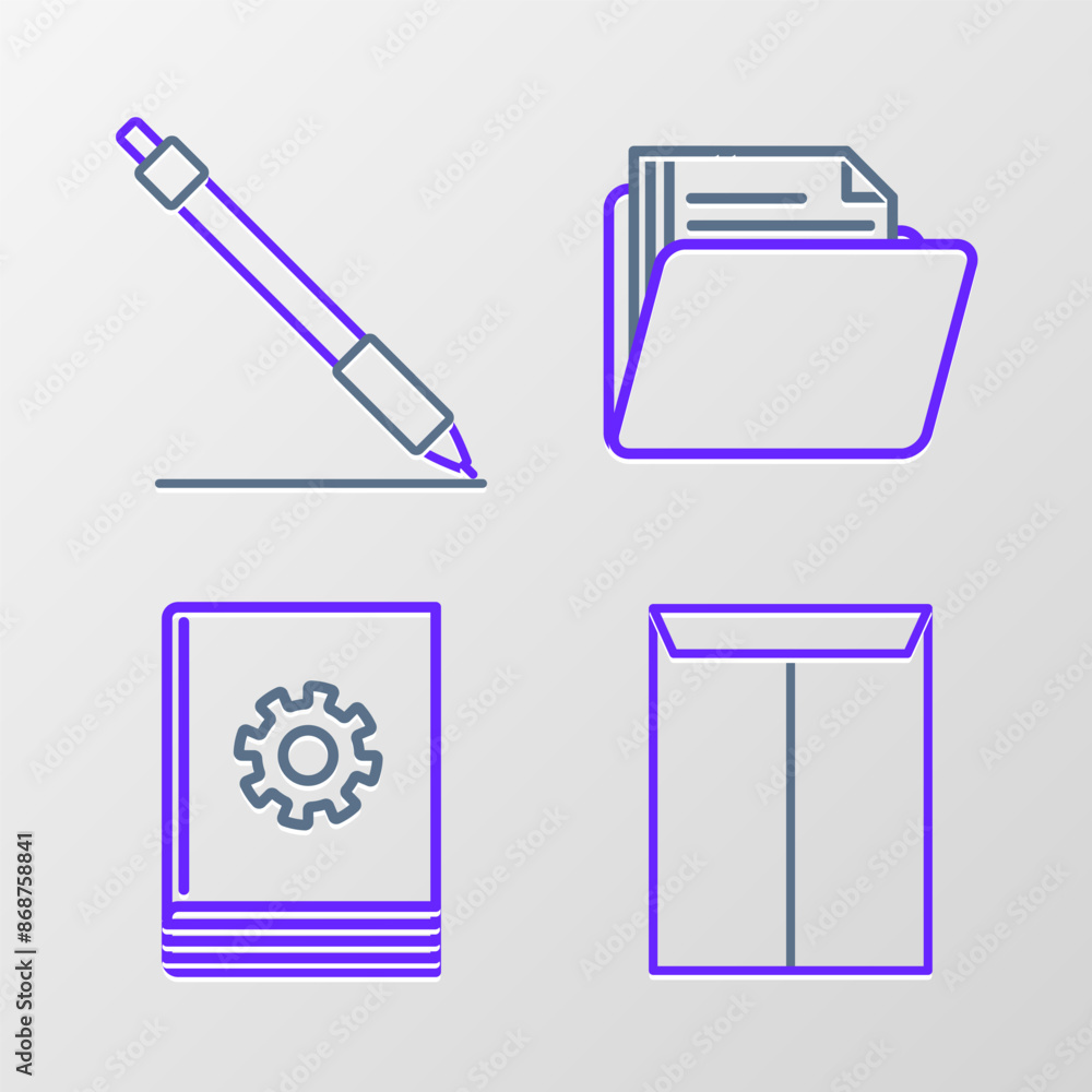 Poster set line envelope, user manual, document folder and pen line icon. vector