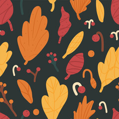 Autumn red and orange leaves seamless pattern. Fall forest various foliage repeat background. Vector hand drawn flat illustration.