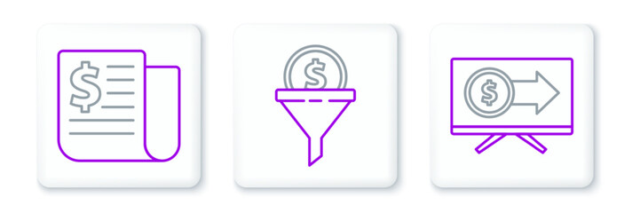 Set line Monitor with dollar, Financial news and Lead management icon. Vector