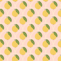 Guava seamless pattern. Tropical ripe fruit repeat stylized background. Exotic scalloped ornament pattern. Vector hand drawn illustration.