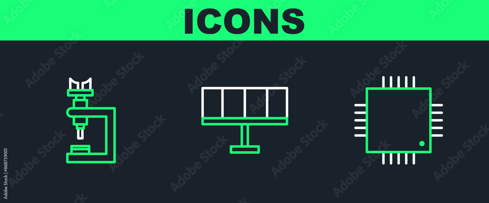 Poster set line processor with microcircuits cpu, microscope and solar energy panel icon. vector